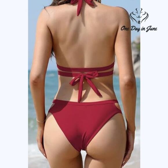 Shekini Halter Criss Cross Cut Out Bikini Swimsuit Size XL - Picture 2 of 6